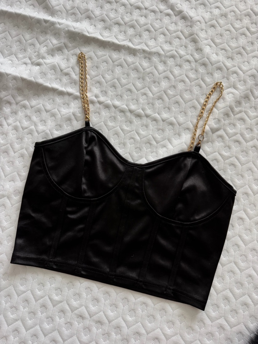 SHEIN Black Satin Bustier Crop Top with Gold Chain Straps